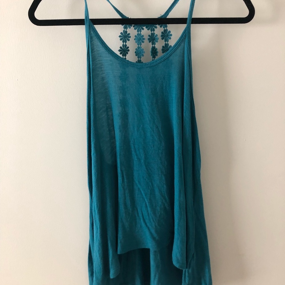 Blue Tank Top with Flower Straps on back.
